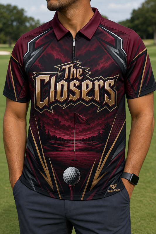 The Closers Maroon Golf Polo — custom golf team apparel worn on model — TeamGear Canada