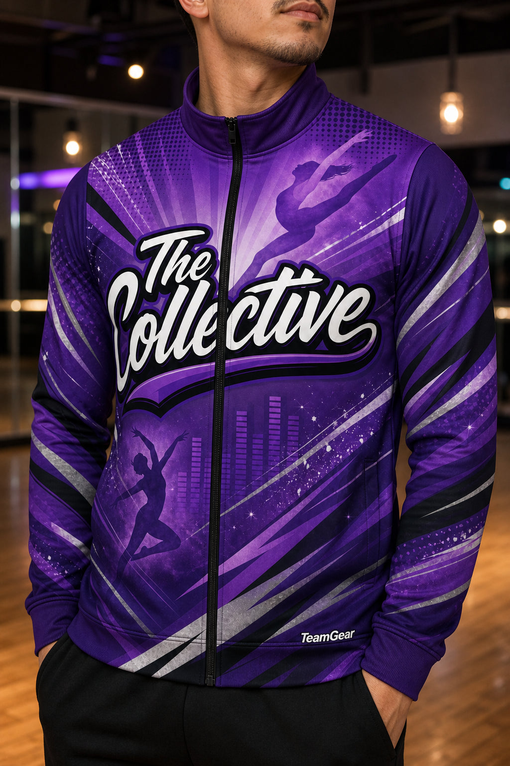 The Collective Purple Dance Jacket — custom dance jacket worn on model — TeamGear Canada