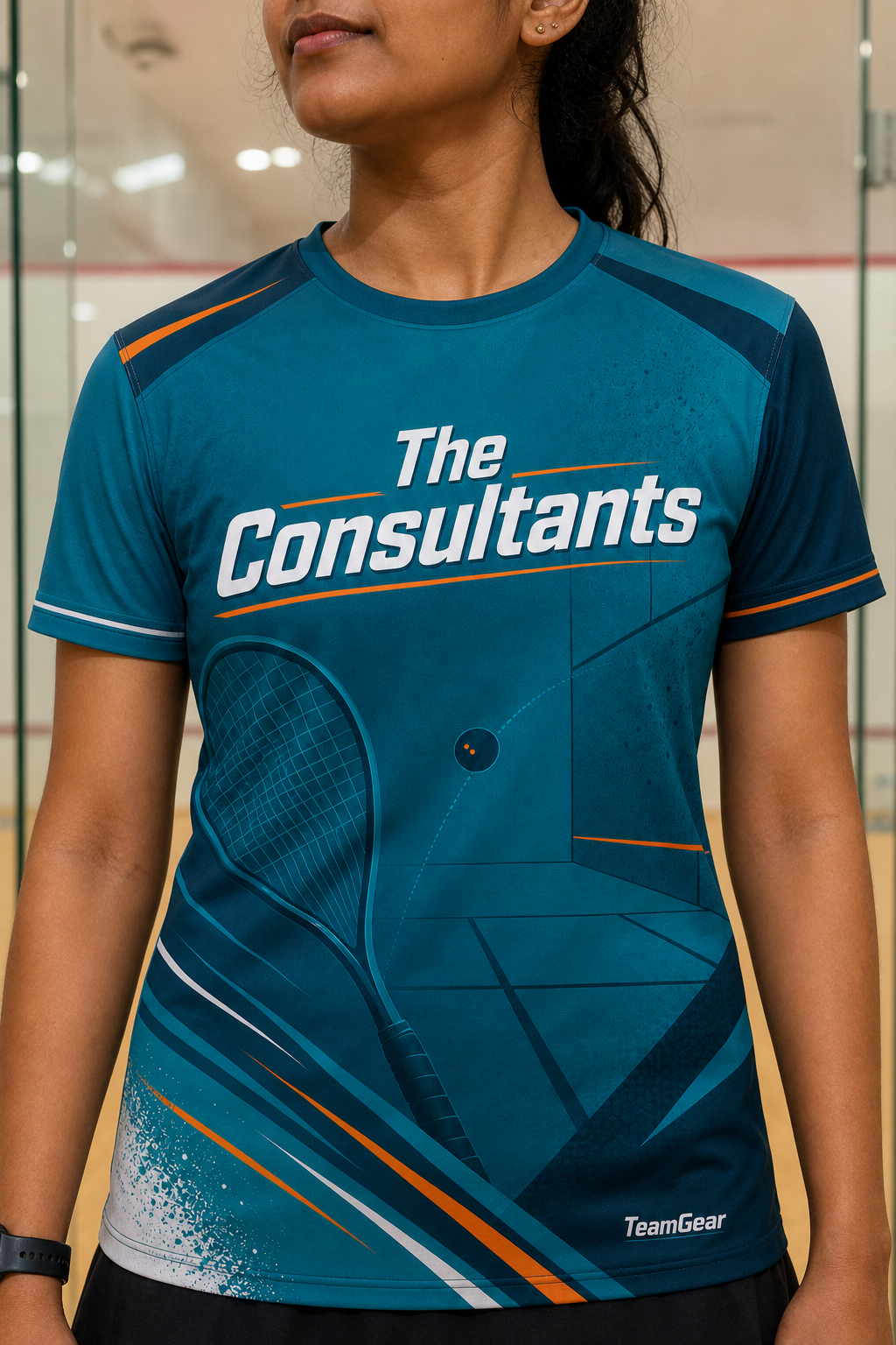 The Consultants Teal Squash Jersey — custom squash jersey worn on model — TeamGear Canada