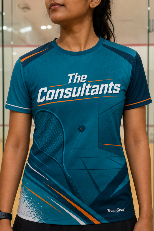 The Consultants Teal Squash Jersey — custom squash jersey worn on model — TeamGear Canada