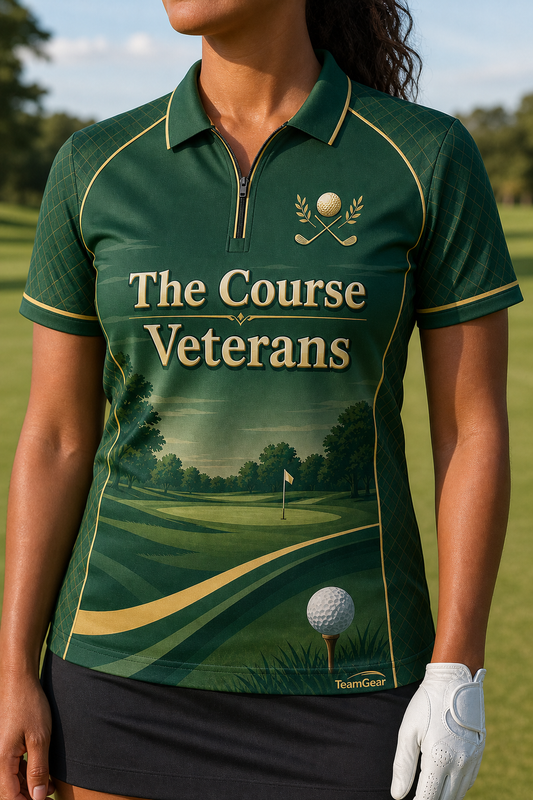 The Course Veterans Green Golf Polo — custom golf team apparel worn on model — TeamGear Canada
