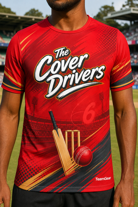 The Cover Drivers Red Cricket Jersey — custom cricket jersey worn on model — TeamGear Canada