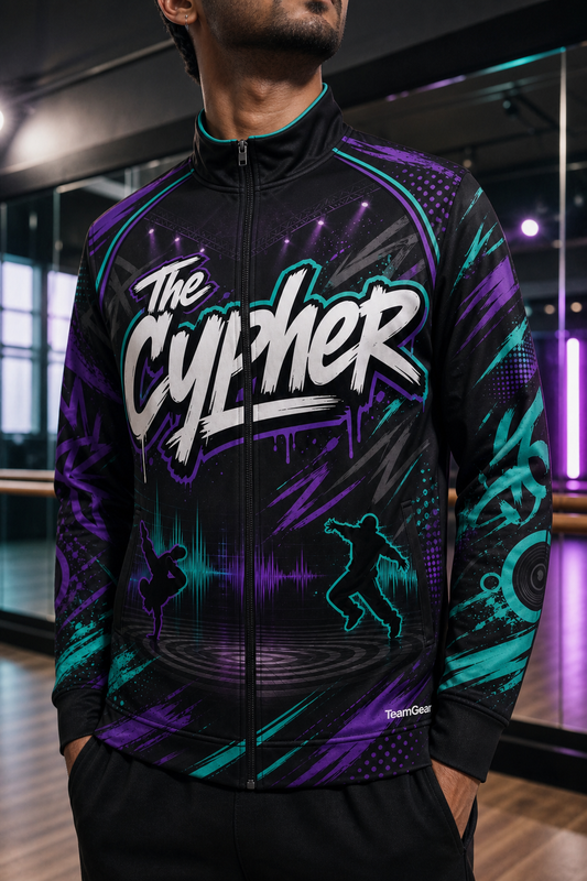 The Cypher Black Dance Jacket — custom dance jacket worn on model — TeamGear Canada