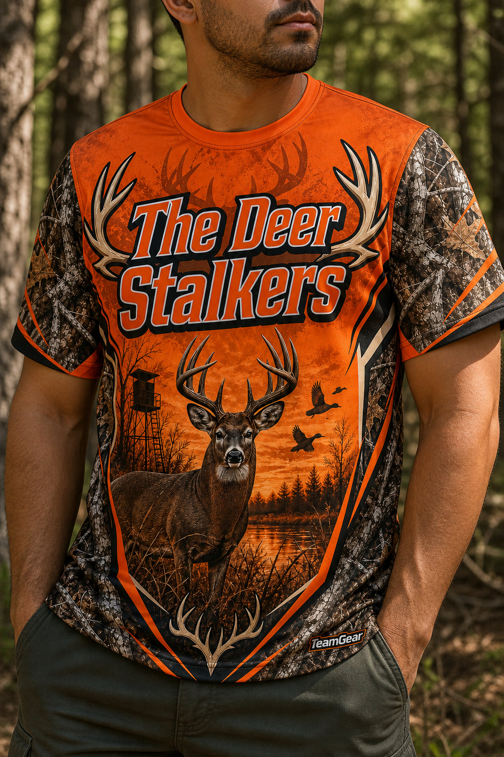 The Deer Stalkers Orange Hunting Jersey — custom hunting jersey worn on model — TeamGear Canada