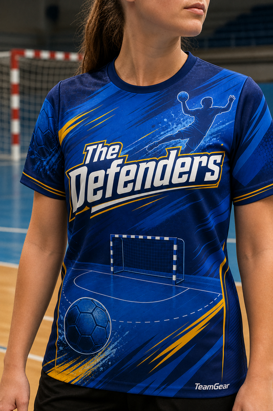 The Defenders Blue Handball Jersey — custom handball jersey worn on model — TeamGear Canada