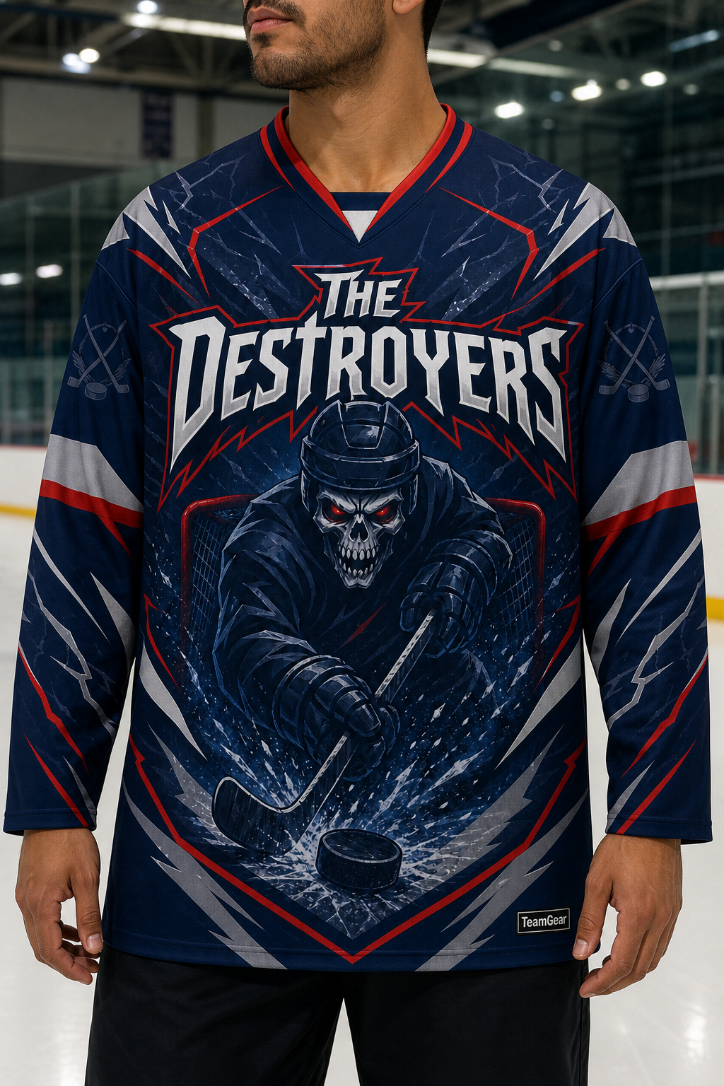 The Destroyers Navy Hockey Jersey — custom hockey jersey worn on model — TeamGear Canada