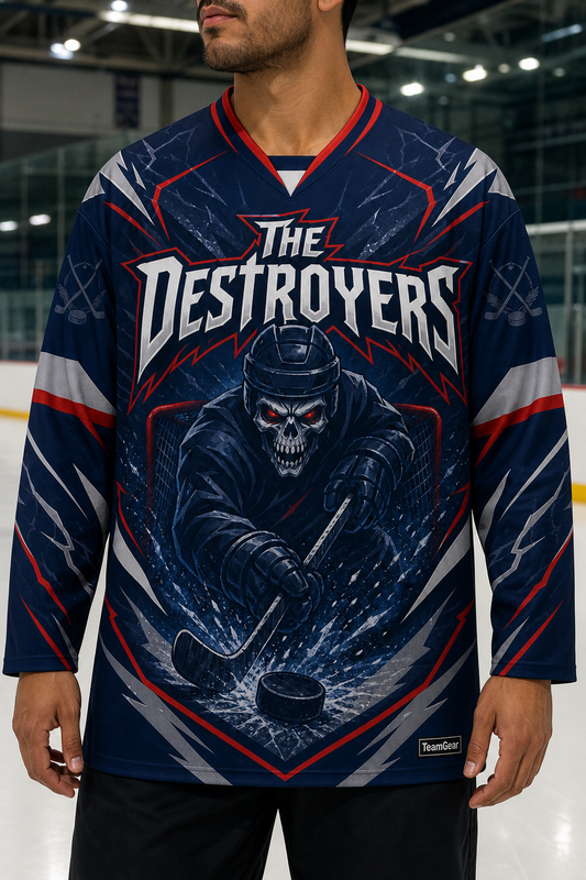 The Destroyers Navy Hockey Jersey — custom hockey jersey worn on model — TeamGear Canada
