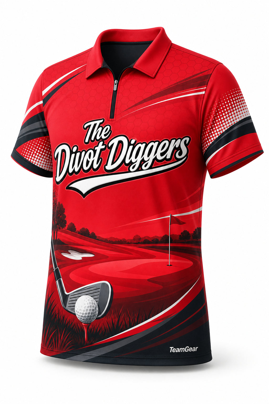 The Divot Diggers Red Golf Polo - front and back view
