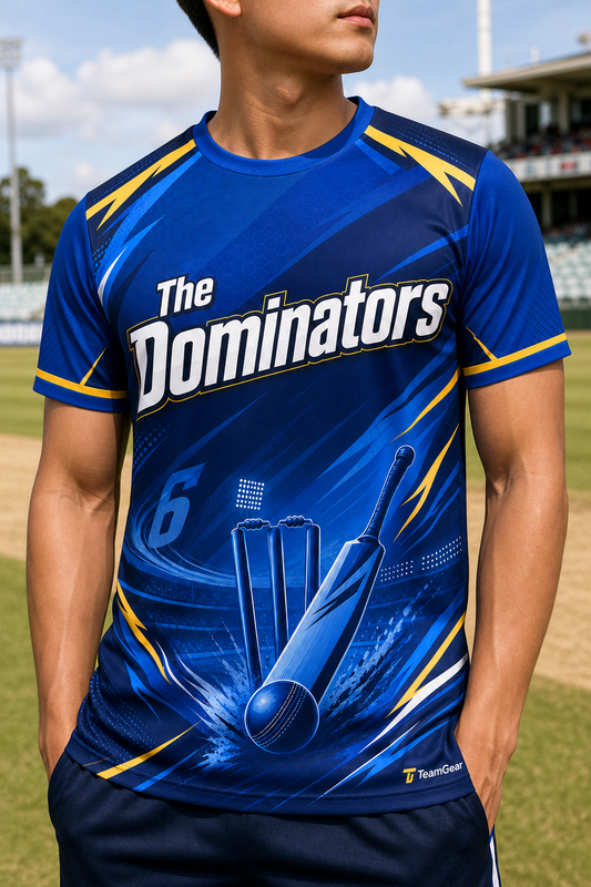 The Dominators Blue Cricket Jersey — custom cricket jersey worn on model — TeamGear Canada