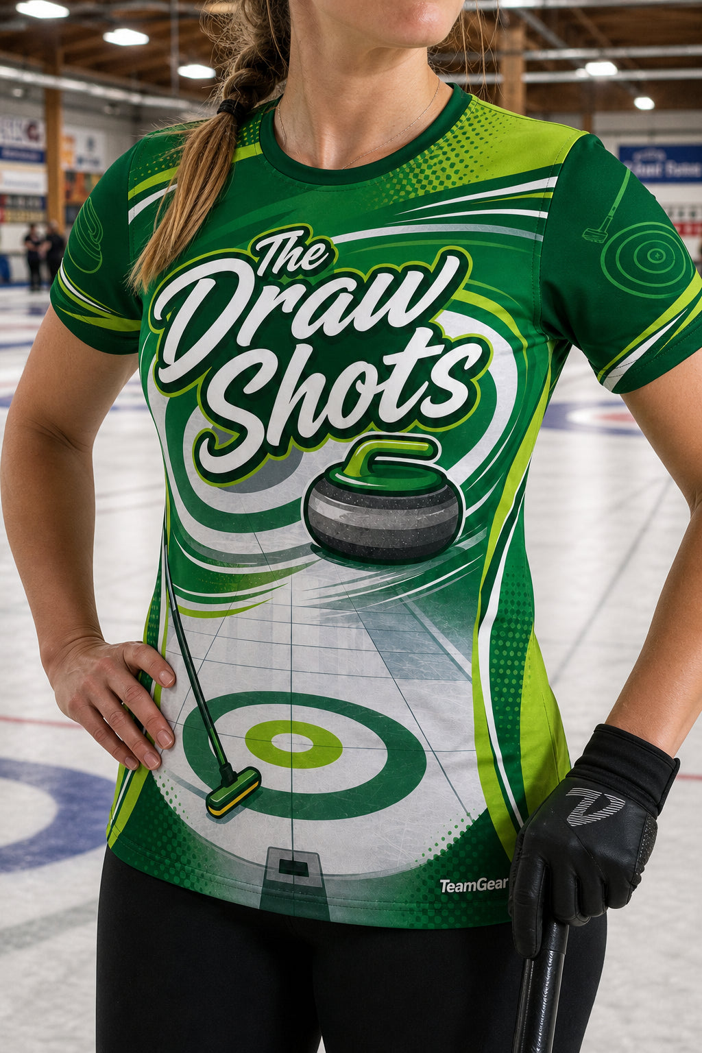 The Draw Shots Green Curling Jersey — custom curling jersey worn on model — TeamGear Canada