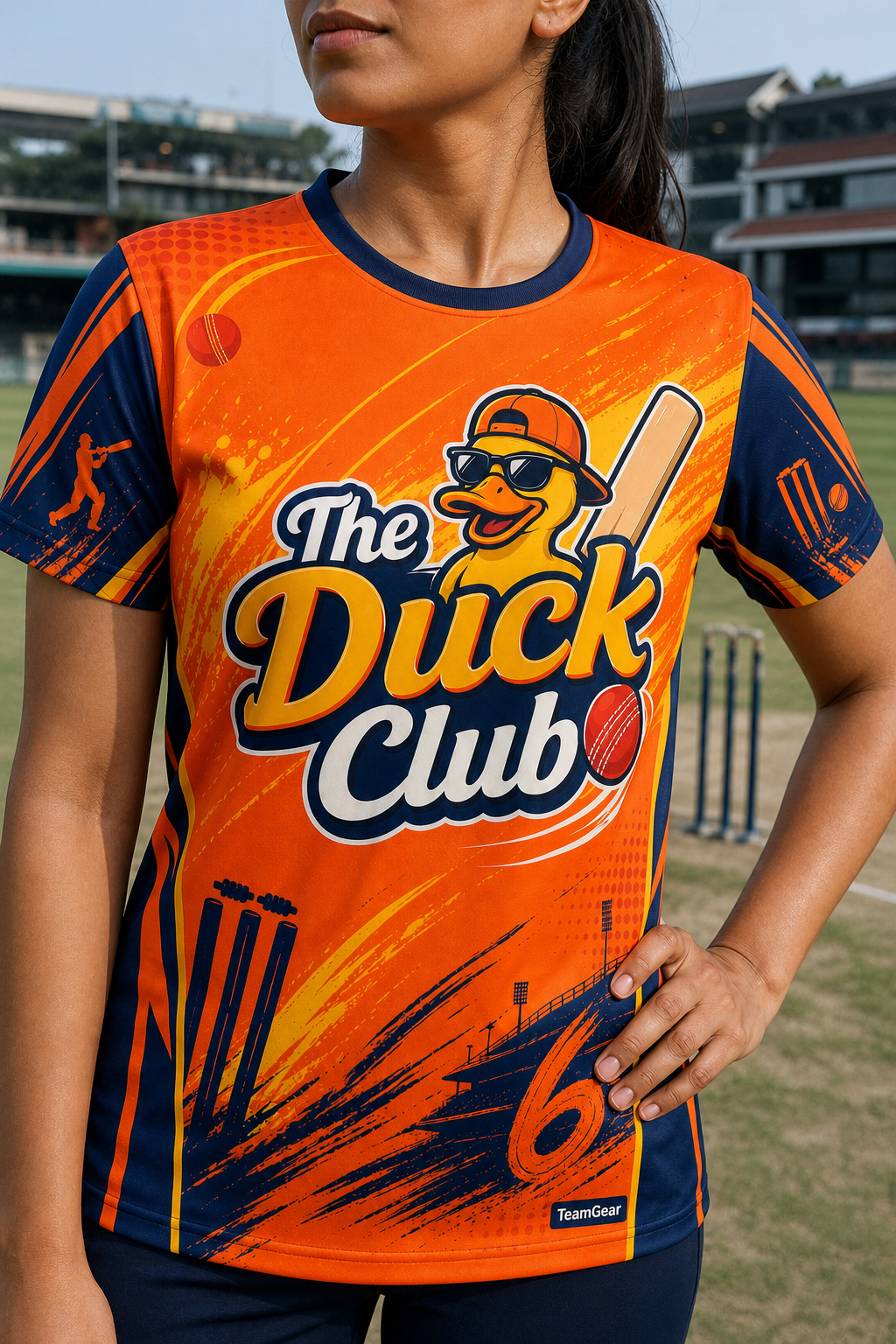 The Duck Club Orange Cricket Jersey — custom cricket jersey worn on model — TeamGear Canada