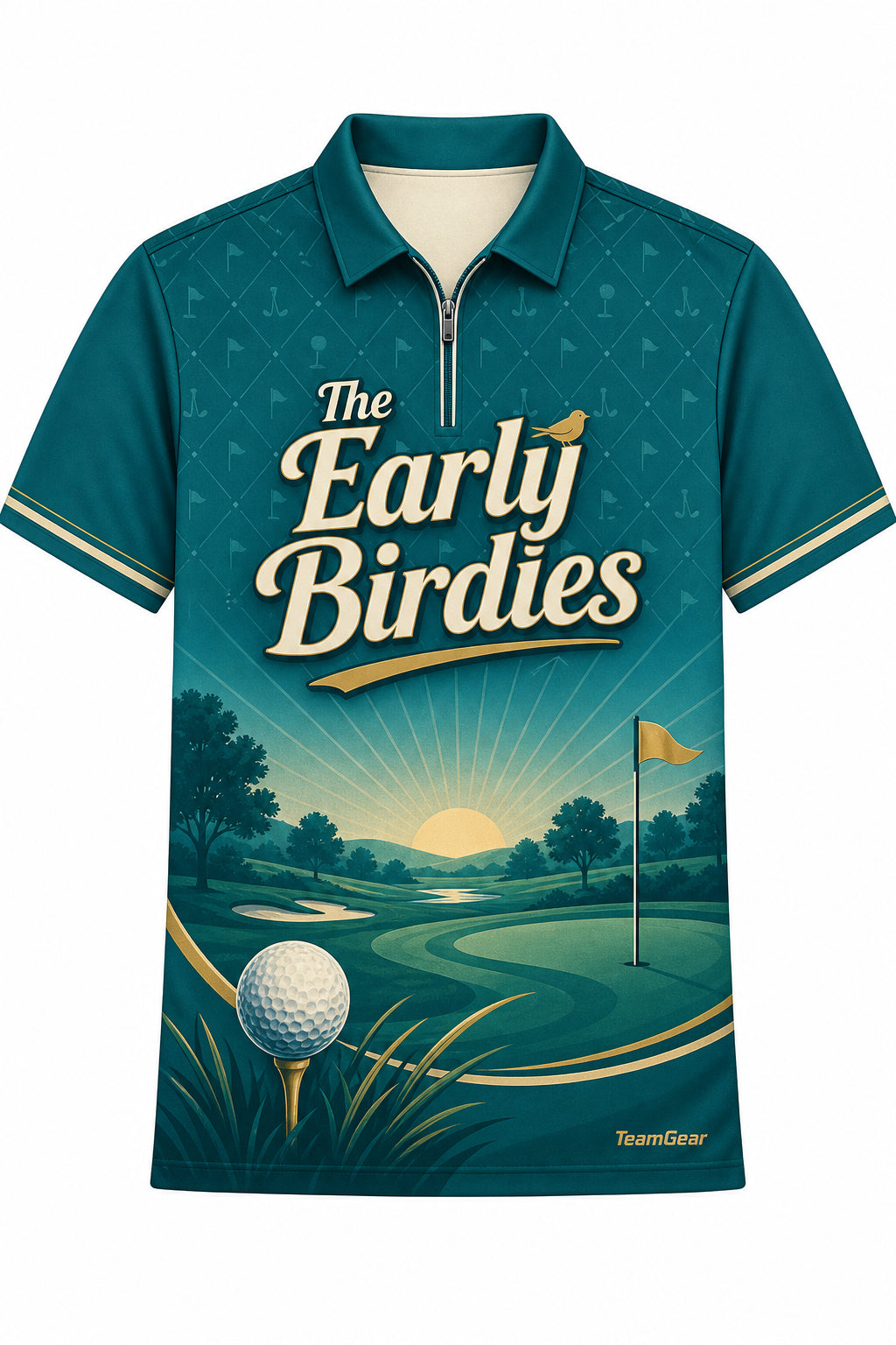 The Early Birdies Teal Golf Polo design