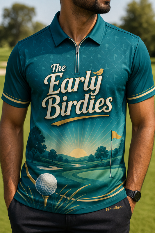 The Early Birdies Teal Golf Polo — custom golf team apparel worn on model — TeamGear Canada