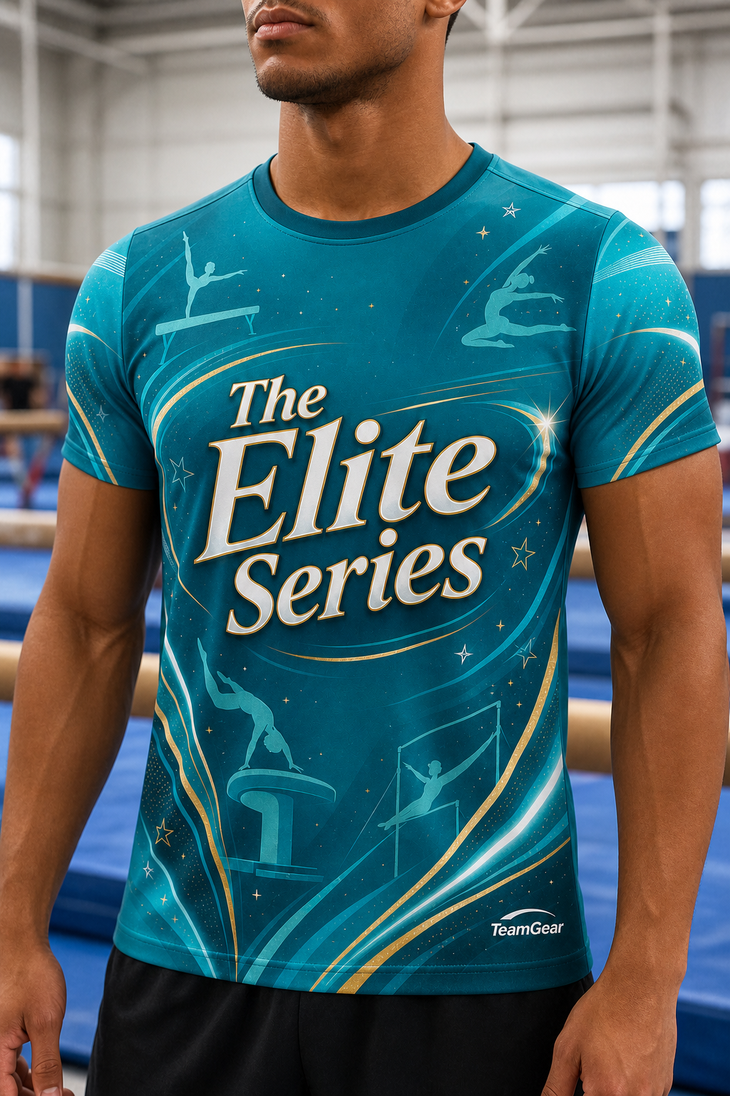 The Elite Series Teal Gymnastics Jersey — custom gymnastics jersey worn on model — TeamGear Canada