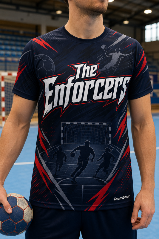 The Enforcers Navy Handball Jersey — custom handball jersey worn on model — TeamGear Canada
