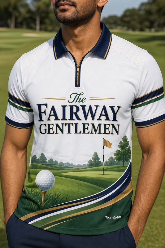 The Fairway Gentlemen White Golf Polo — custom golf team apparel worn on model — TeamGear Canada