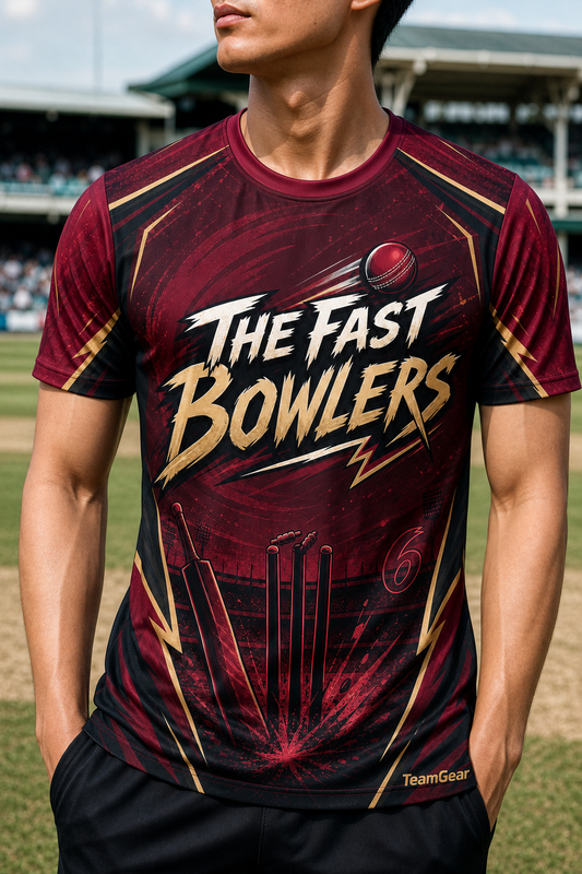 The Fast Bowlers Maroon Cricket Jersey — custom cricket jersey worn on model — TeamGear Canada