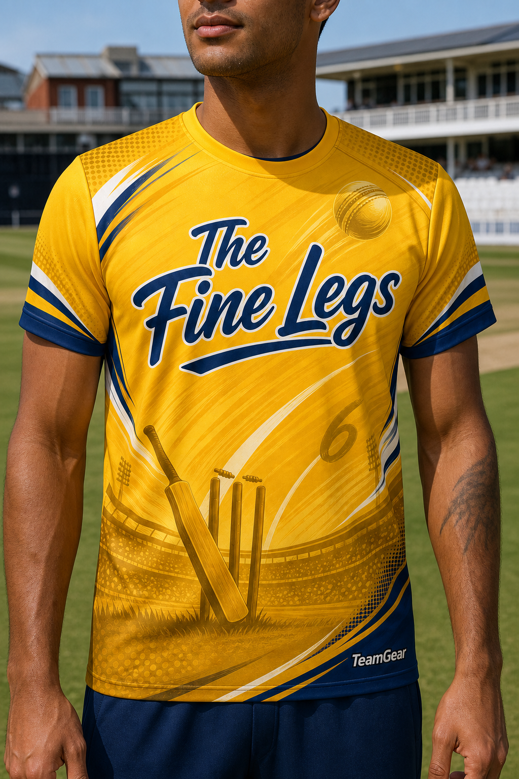 The Fine Legs Gold Cricket Jersey — custom cricket jersey worn on model — TeamGear Canada