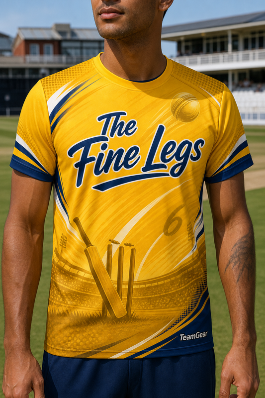 The Fine Legs Gold Cricket Jersey — custom cricket jersey worn on model — TeamGear Canada