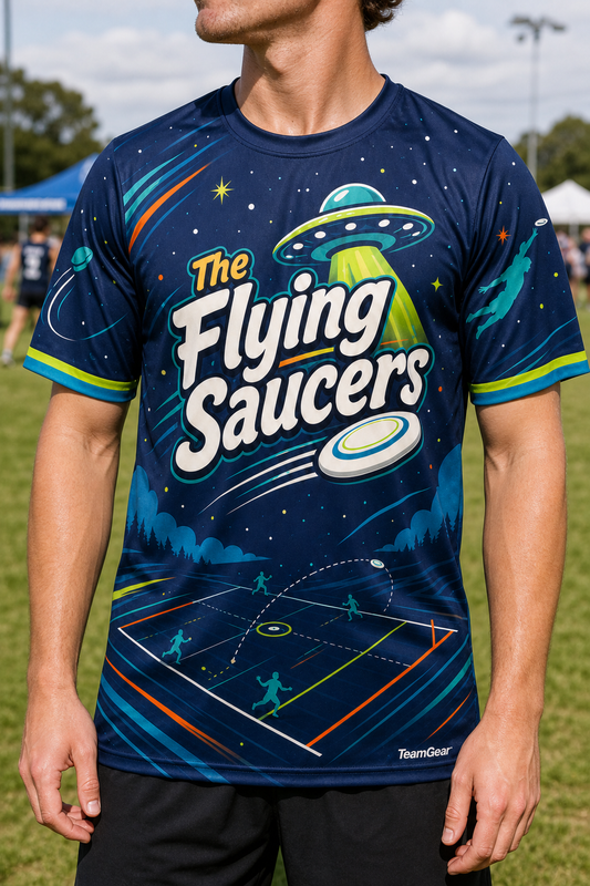 The Flying Saucers Navy Ultimate Frisbee Jersey — custom ultimate frisbee jersey worn on model — TeamGear Canada
