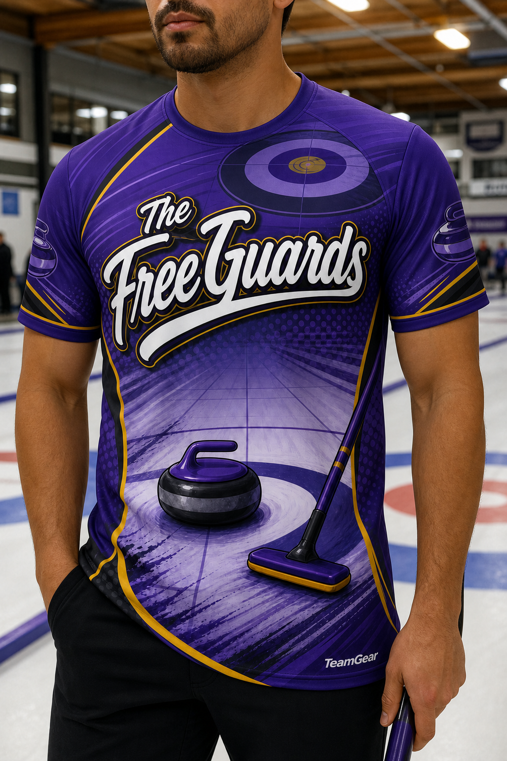The Free Guards Purple Curling Jersey — custom curling jersey worn on model — TeamGear Canada
