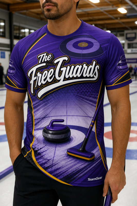 The Free Guards Purple Curling Jersey — custom curling jersey worn on model — TeamGear Canada