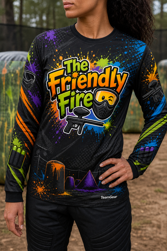 The Friendly Fire Black Long Sleeve Paintball Jersey — custom paintball jersey worn on model — TeamGear Canada