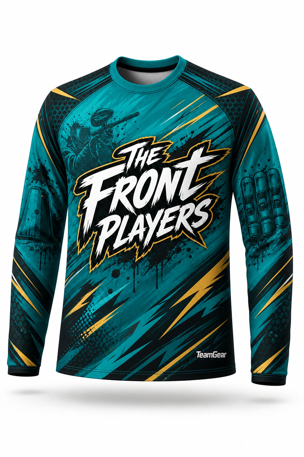 The Front Players Teal Long Sleeve Paintball Jersey - front and back view