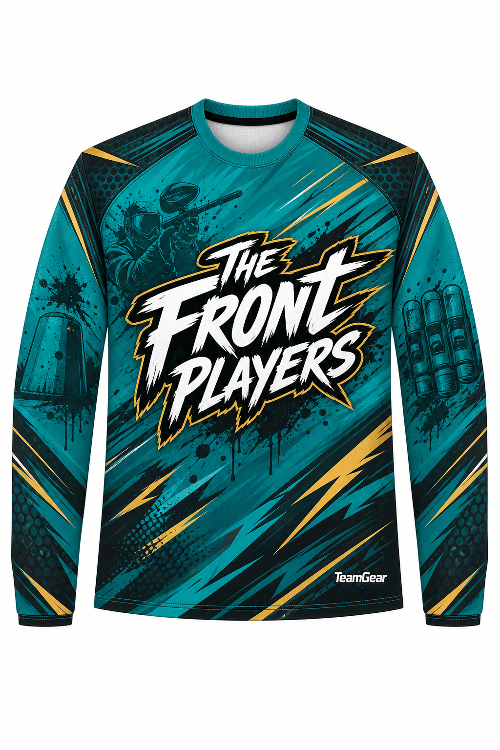 The Front Players Teal Long Sleeve Paintball Jersey design
