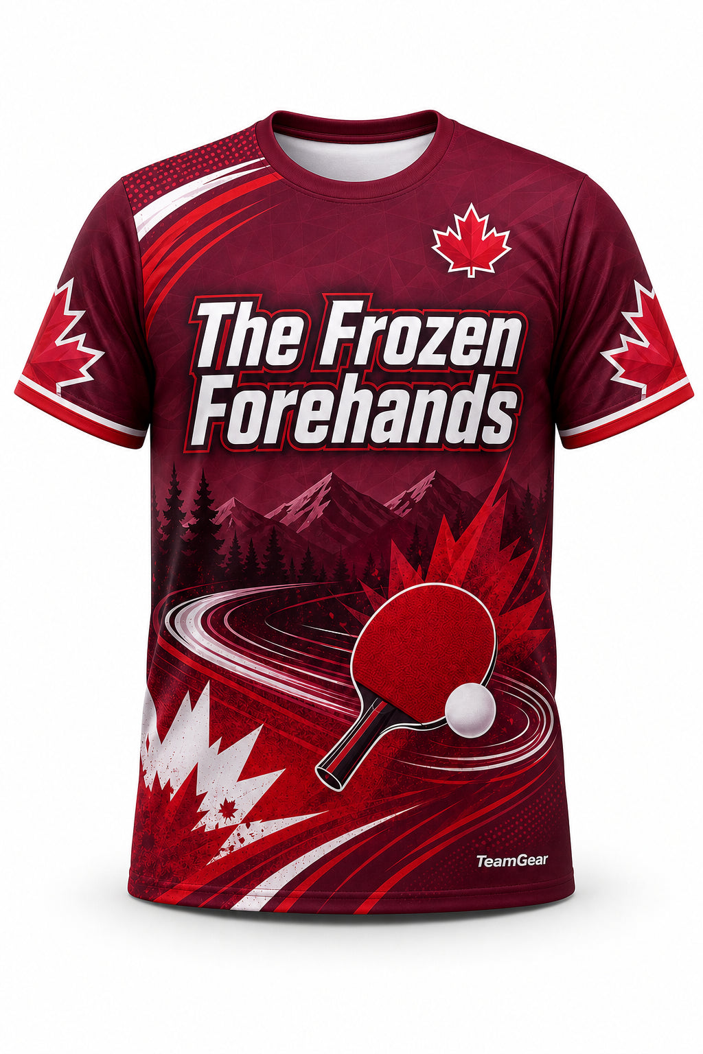 The Frozen Forehands Maroon Table Tennis Jersey - front and back view