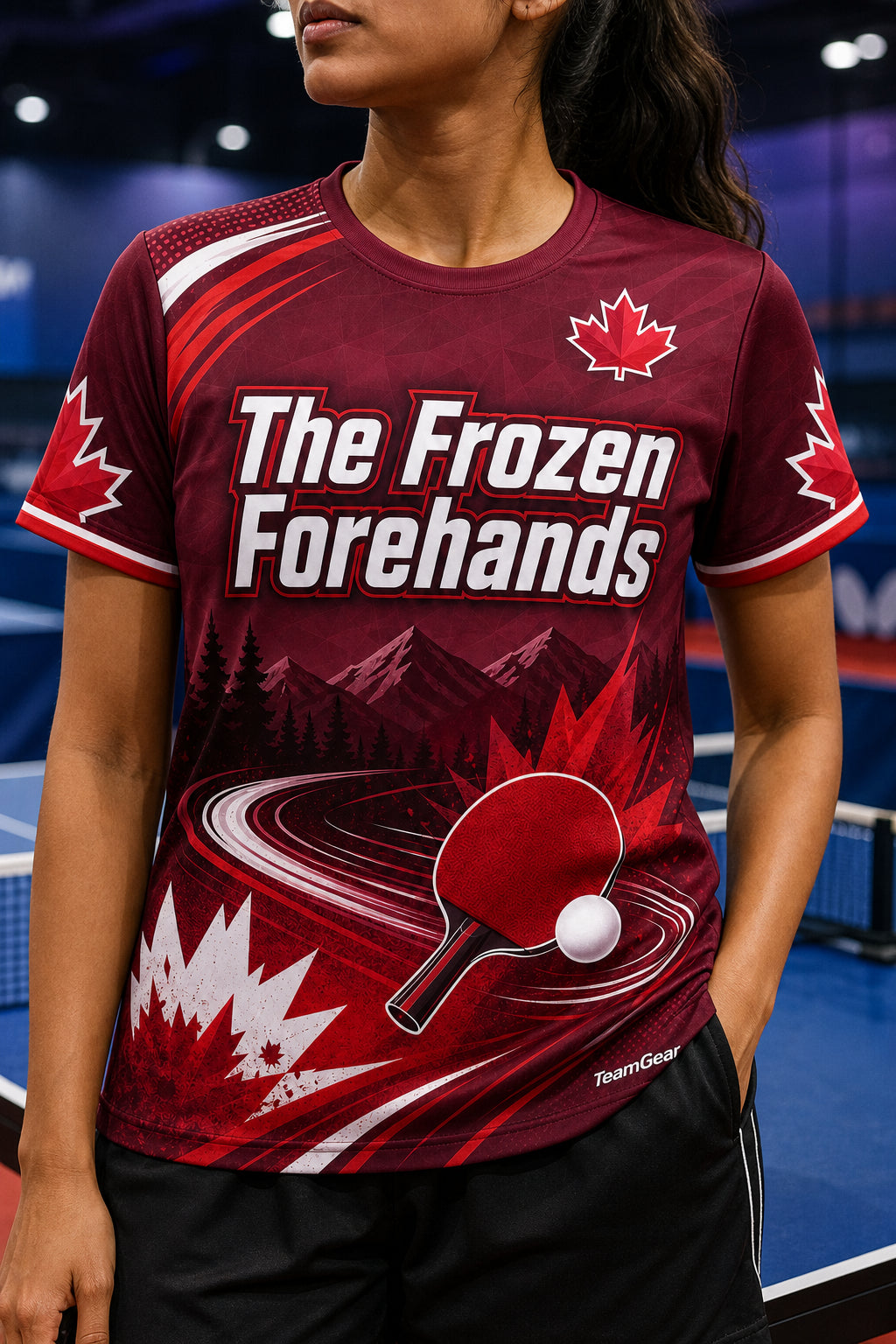 The Frozen Forehands Maroon Table Tennis Jersey — custom table tennis jersey worn on model — TeamGear Canada