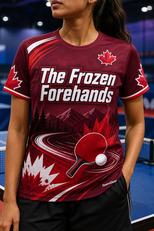 The Frozen Forehands Maroon Table Tennis Jersey — custom table tennis jersey worn on model — TeamGear Canada