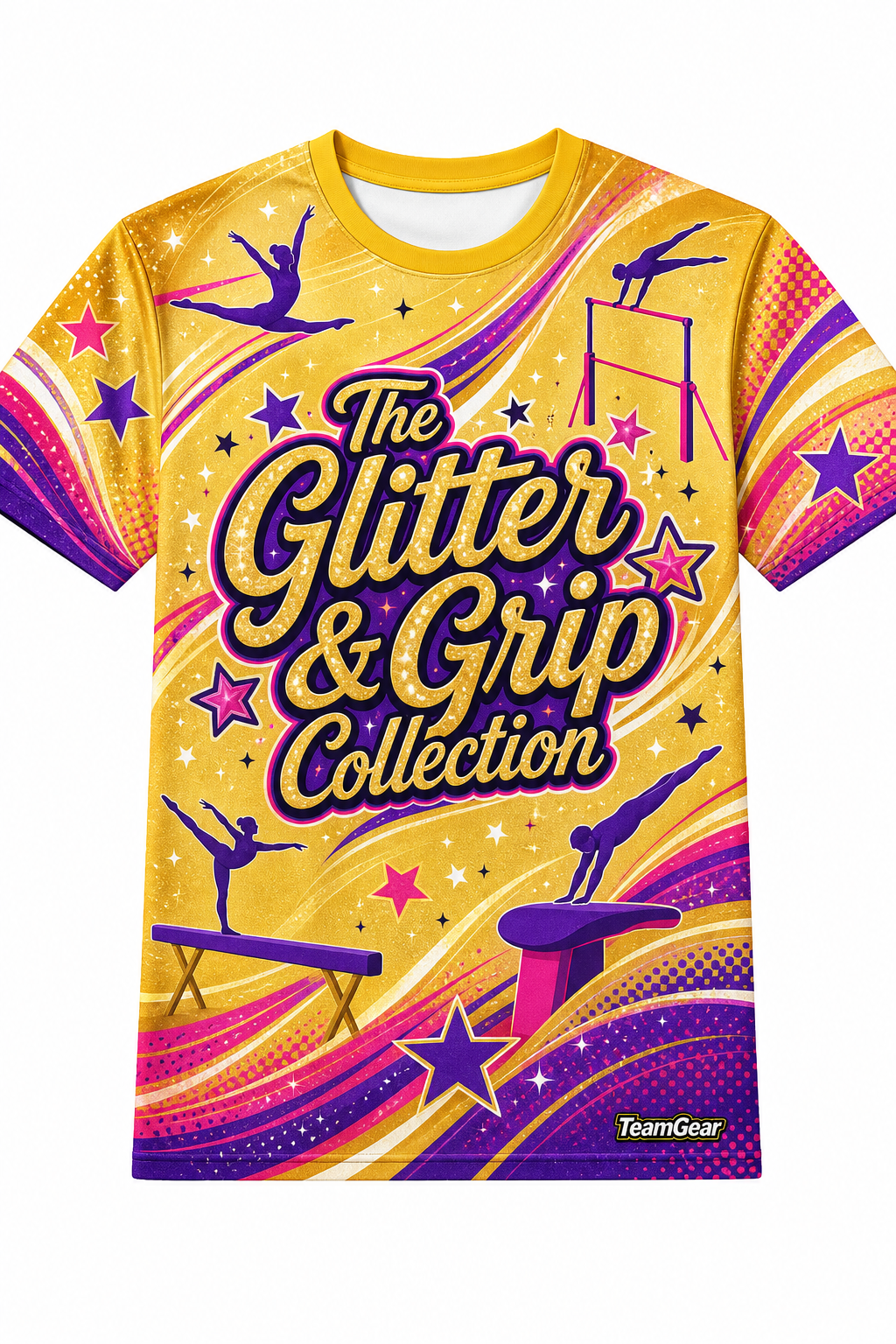 The Glitter & Grip Collection Gold Gymnastics Jersey with name and number