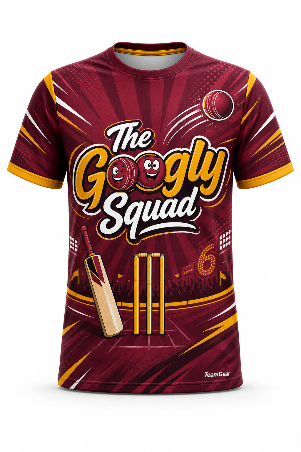 The Googly Squad Maroon Cricket Jersey - front and back view