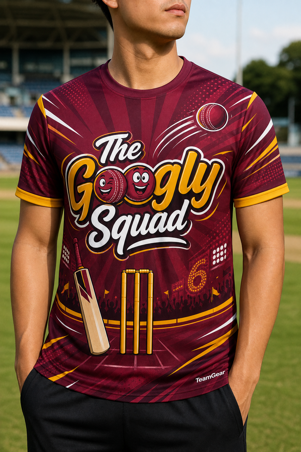 The Googly Squad Maroon Cricket Jersey — custom cricket jersey worn on model — TeamGear Canada