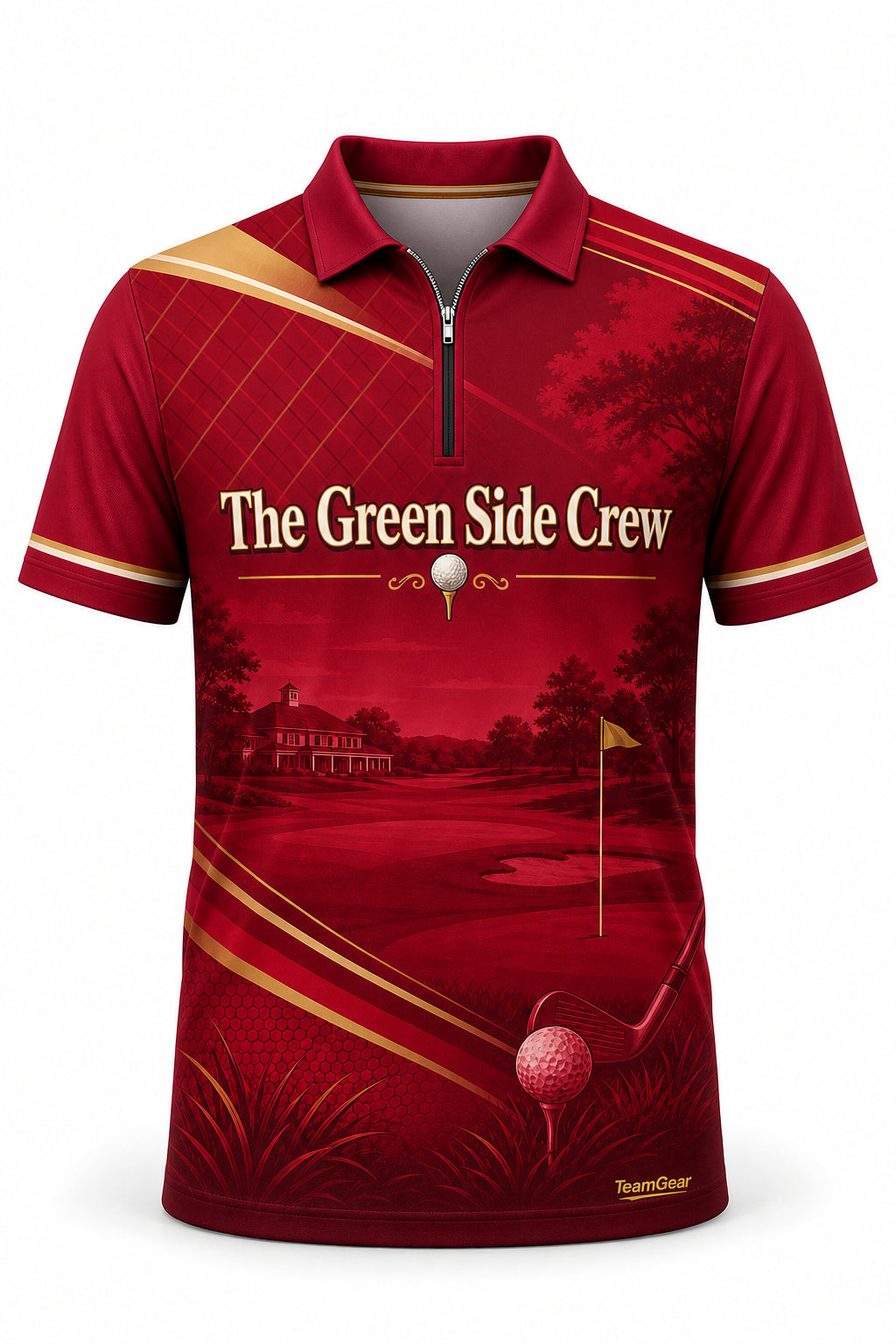 The Green Side Crew Crimson Golf Polo - front and back view