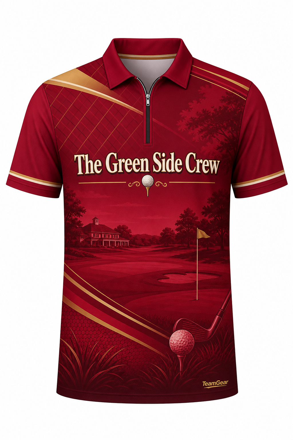 The Green Side Crew Crimson Golf Polo design