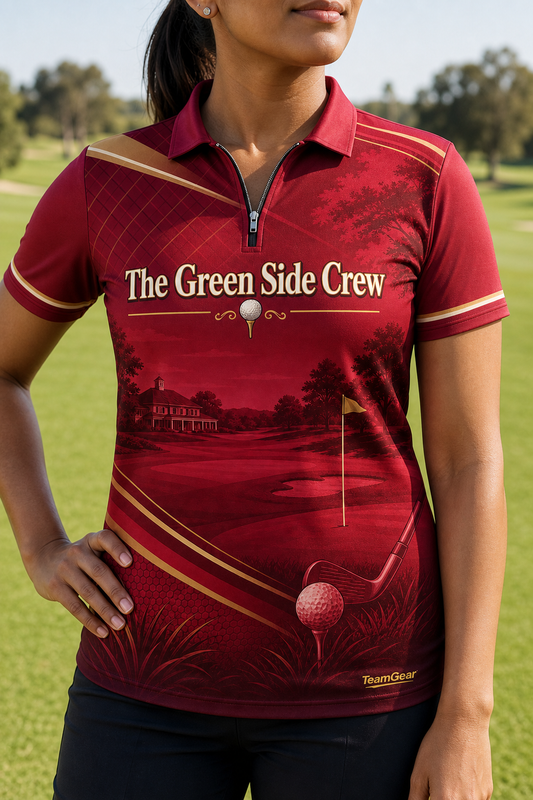 The Green Side Crew Crimson Golf Polo — custom golf team apparel worn on model — TeamGear Canada