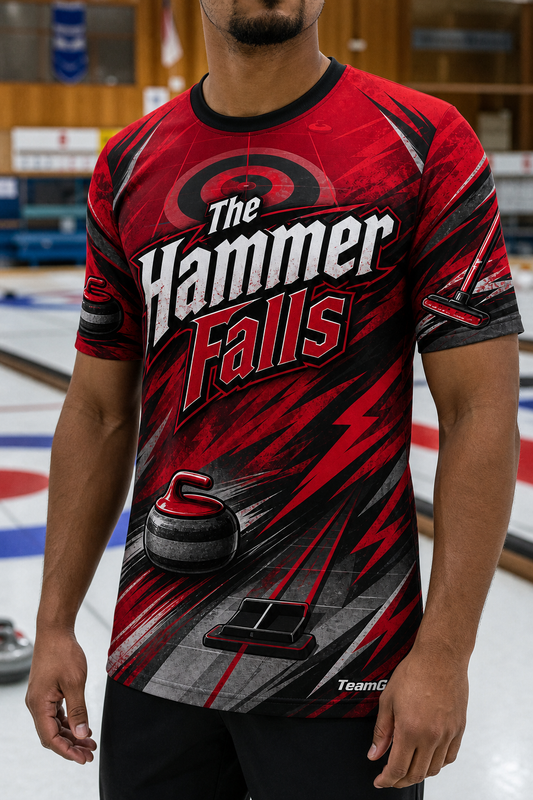 The Hammer Falls Crimson Curling Jersey — custom curling jersey worn on model — TeamGear Canada