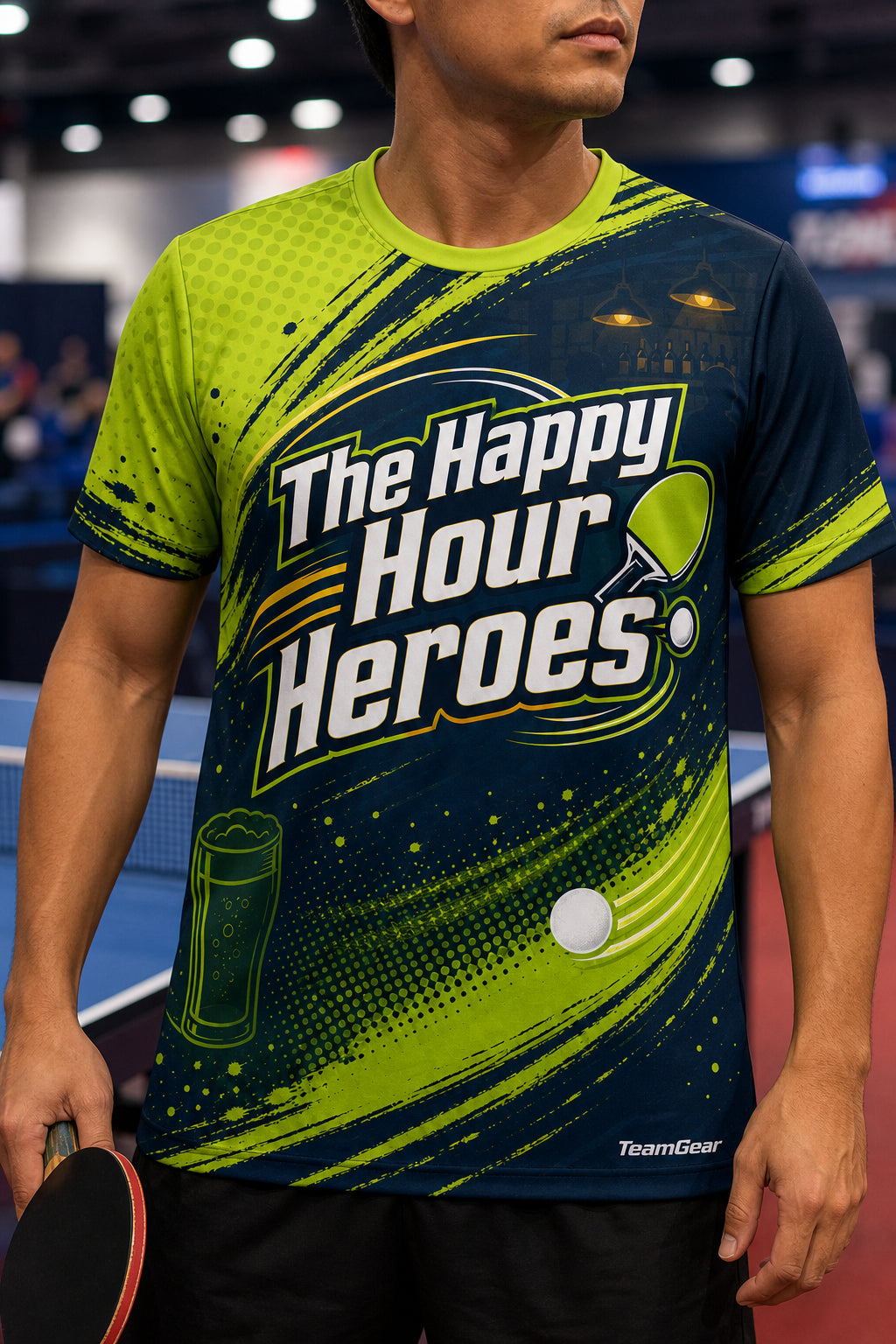 The Happy Hour Heroes Lime Table Tennis Jersey — custom table tennis jersey worn on model — TeamGear Canada