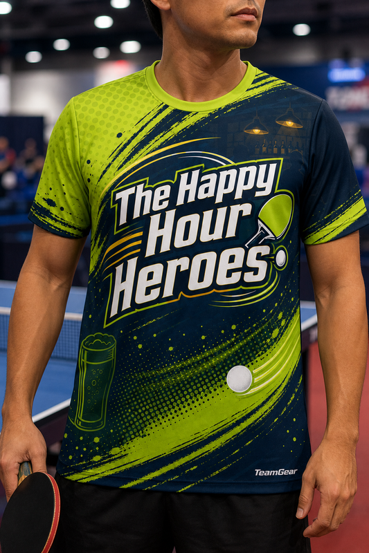 The Happy Hour Heroes Lime Table Tennis Jersey — custom table tennis jersey worn on model — TeamGear Canada