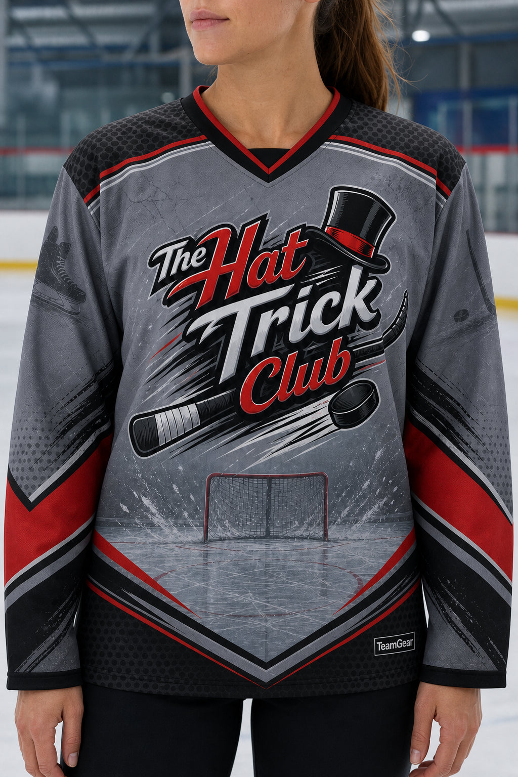 The Hat Trick Club Grey Hockey Jersey — custom hockey jersey worn on model — TeamGear Canada