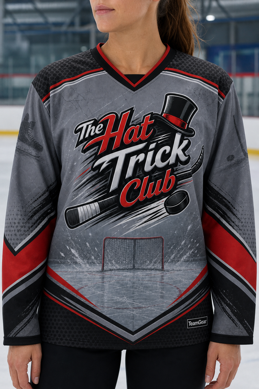 The Hat Trick Club Grey Hockey Jersey — custom hockey jersey worn on model — TeamGear Canada