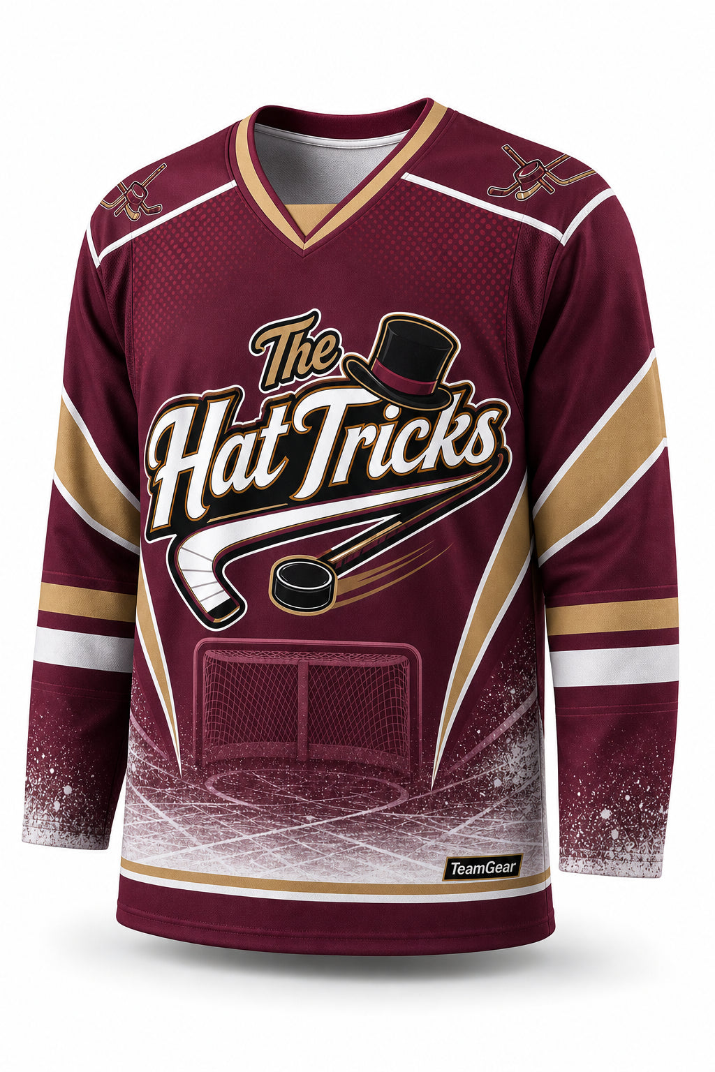 The Hat Tricks Maroon Hockey Jersey - front and back view