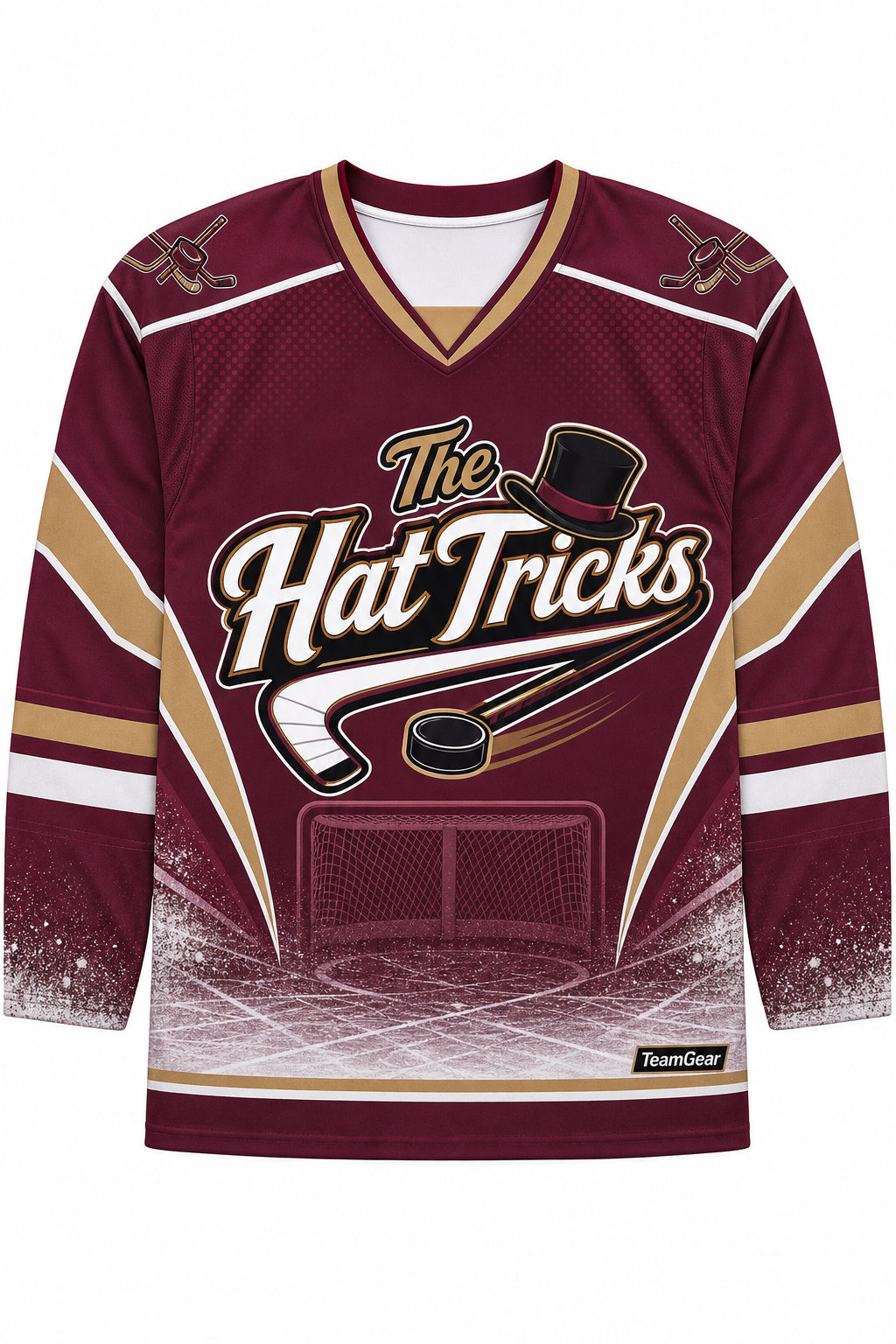 The Hat Tricks Maroon Hockey Jersey design