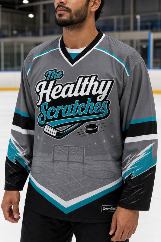 The Healthy Scratches Grey Hockey Jersey — custom hockey jersey worn on model — TeamGear Canada
