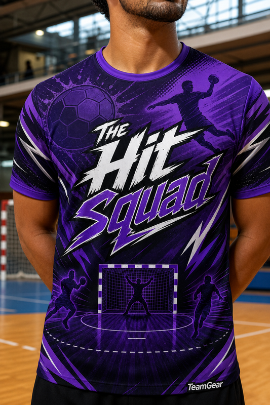 The Hit Squad Purple Handball Jersey — custom handball jersey worn on model — TeamGear Canada