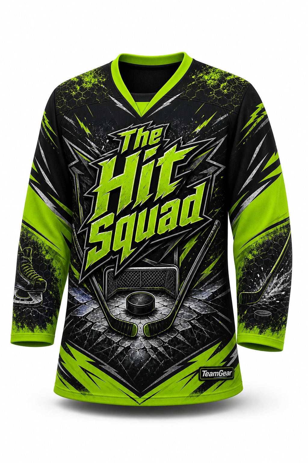 The Hit Squad Lime Hockey Jersey - front and back view