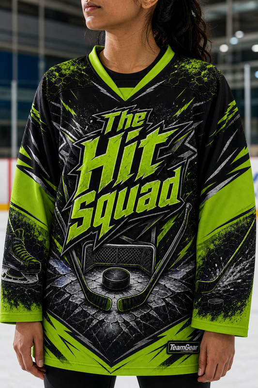 The Hit Squad Lime Hockey Jersey — custom hockey jersey worn on model — TeamGear Canada