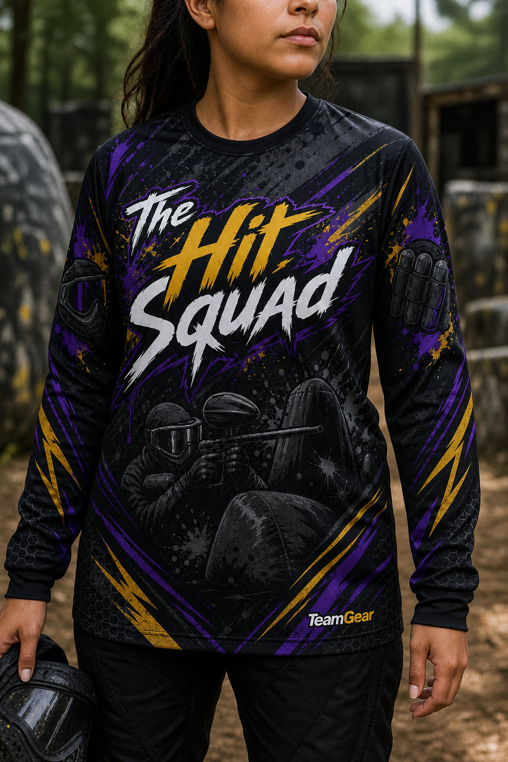 The Hit Squad Black Long Sleeve Paintball Jersey — custom paintball jersey worn on model — TeamGear Canada